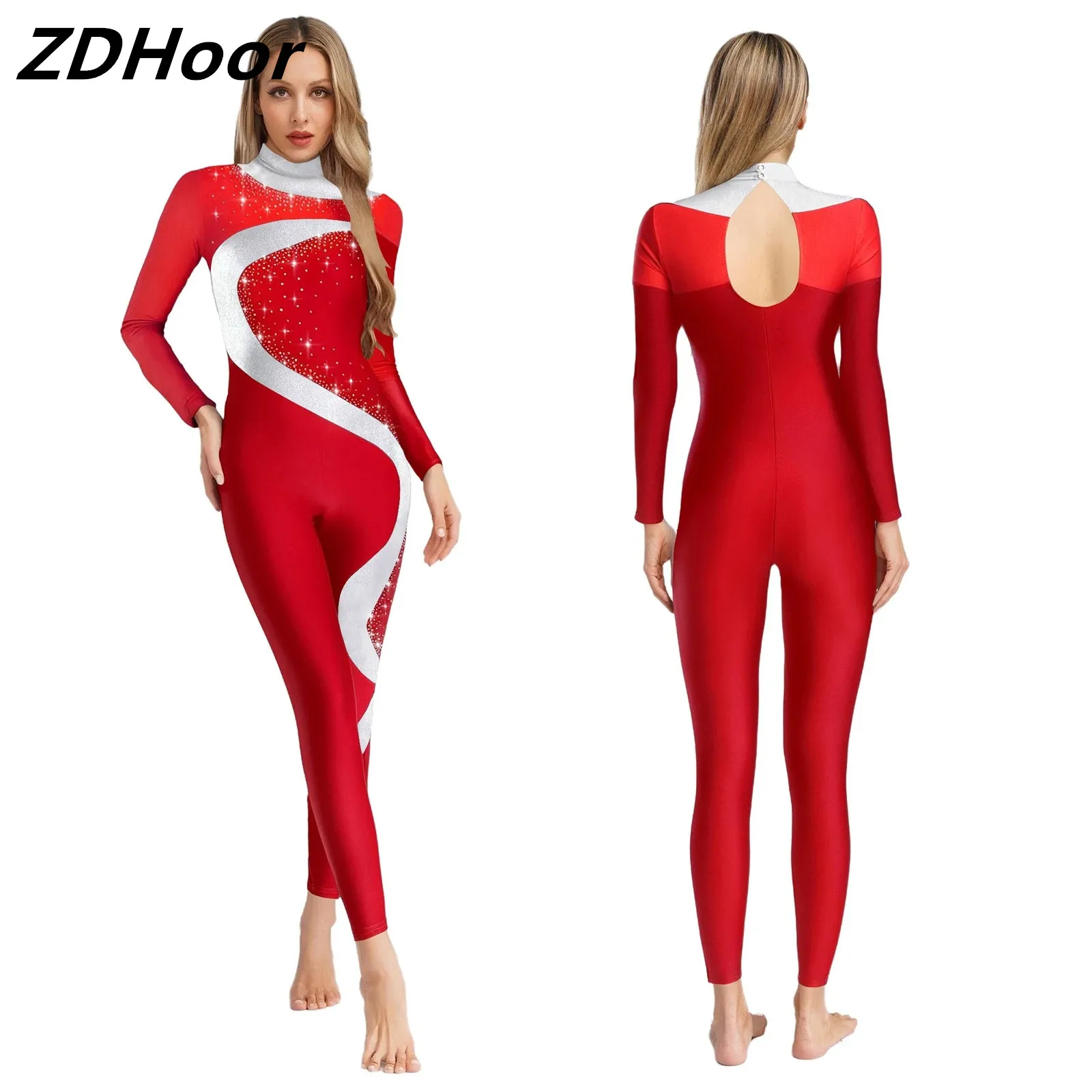 

Womens Gymnastics Dance Unitard Bodysuit Mock Neck Long Sleeve Back Hollow Out One Piece Jumpsuit Skating Rompers