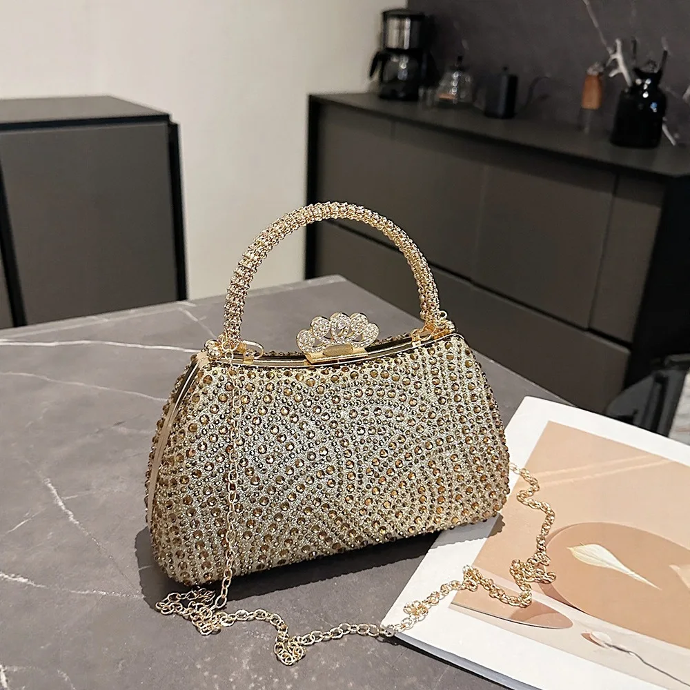 حقيبة سهرة نسائية جديدة من الكريستال الذهبي لعام 2025، محفظة أنيقة بمقبض من حجر الراين، حقيبة يد فاخرة لامعة للحفلات والولائم