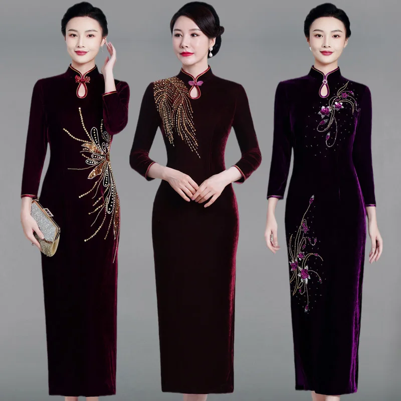

Ele Long Velvet Qipao Wedding Dr for Older Women Long Sve Midi Dr Chinese Sle Wedding Gown for Mothers of the ...
