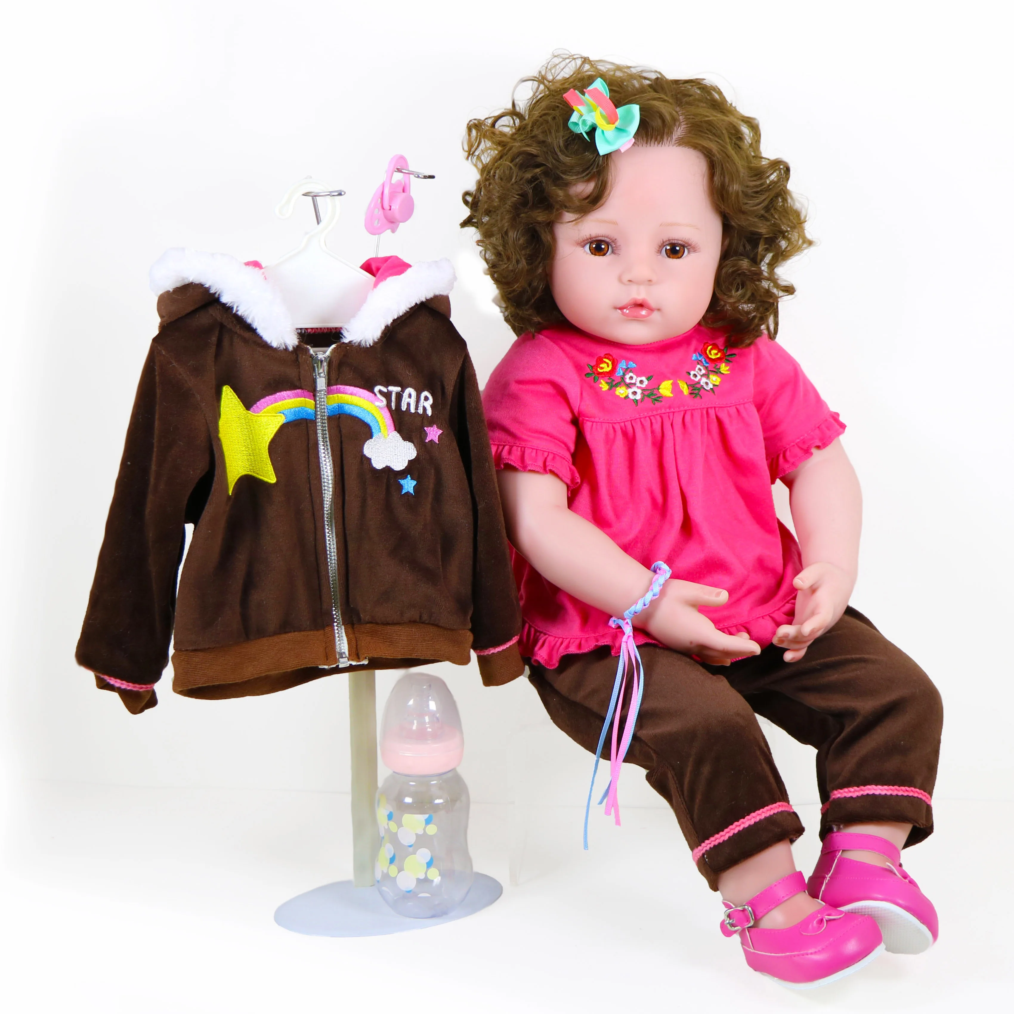 

24 inch Rainbow girl Toddler Realistic Looking Life Like Baby Doll Soft Vinyl RootedBrown Hair Babies Toy