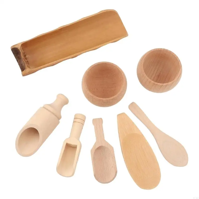 97BE Ensemble d'outils Ustensiles cuisine en bois naturel naturel pour 8 pour les tout-petits apprentissage précoce