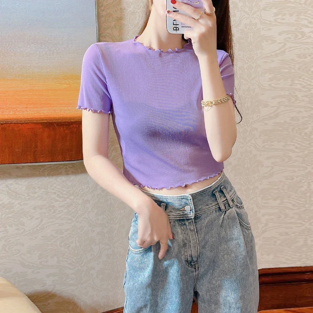 여자 Y2k 용수철 여름 미니 짧은 크롭탑, 탄성 메쉬 티셔츠, 퍼플 그린 핑크 화이트 살구색 컬러, 카와이 옷