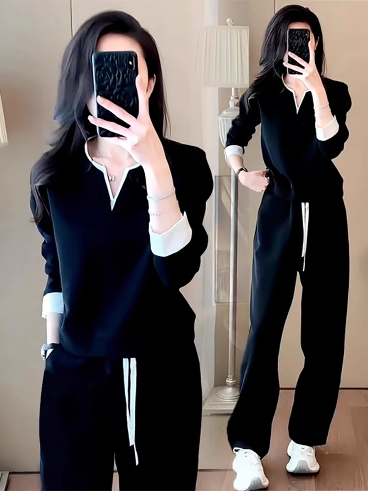 

Весенний повседневный спортивный костюм 2026: стильный облегающий свитшот и брюки, комплект из двух предметов с цветовыми блоками, стройнящий силуэт