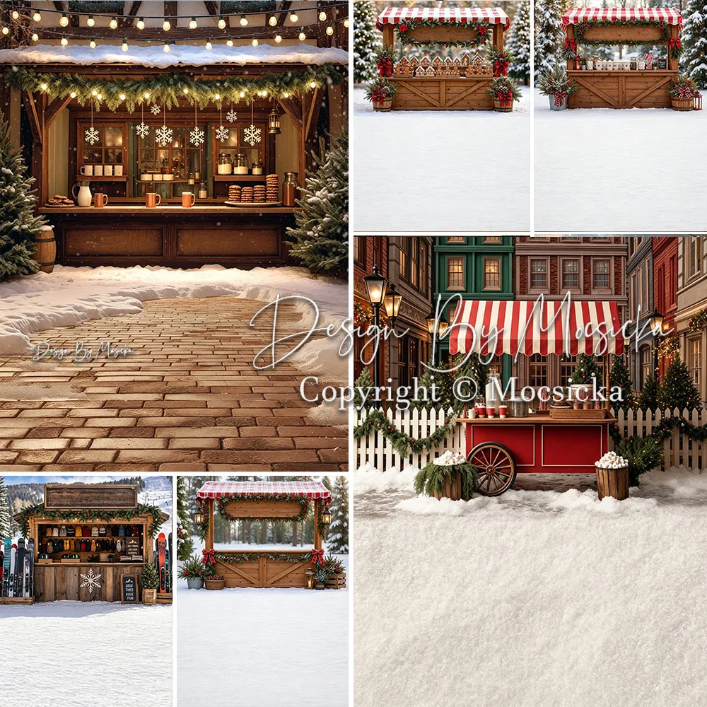 Mocsicka Christmas Hot Cocoa Backdrop Photography Xmas Wooden Stall Snowflake Snowy Market Background Kids Holiday Photoshoot