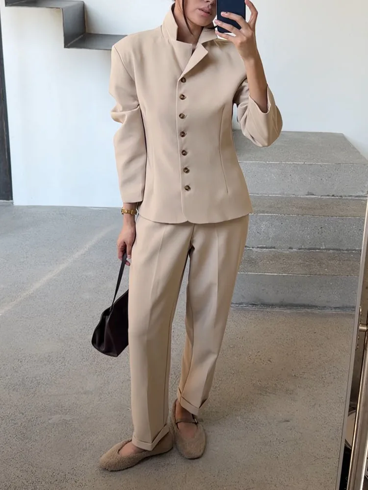 

BJTZ 2026 Spring Autumn Women PU Leather Button Jacket High Waist Wide Leg Pants Two Piece Set