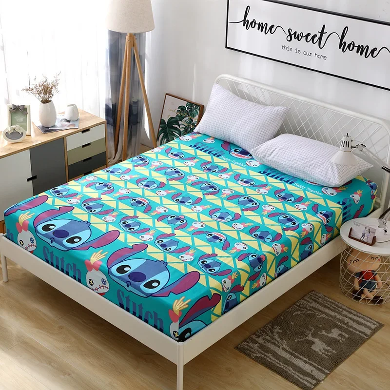 Disney Anime Lilo Stitch 95 Mc Queen Cars Cotton Fitted Sheet with Elastic Band Bed Sheets Linen Bedspread Mattress Cover