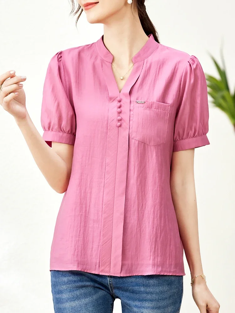 Camicetta da donna estiva a maniche corte con scollo a v vivace 2023 maniche a sbuffo alla moda camicie eleganti in Chiffon Casual allentate dritte Top da donna