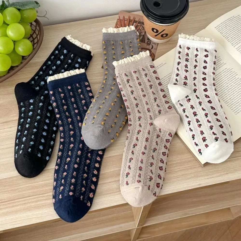 5 Paar süße süße florale Spitzenrand-Damensocken im japanischen Stil, modisch, lang, Herbst-Winter-Streetwear, Happy Socken Damen – Detail 1