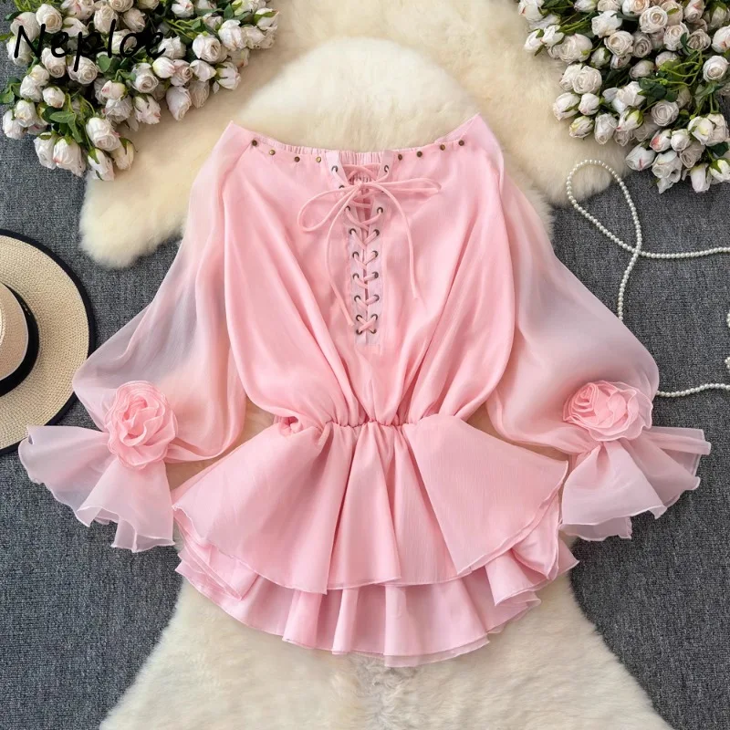 

Neploe Sexy Off Shoulder Lace Up Blusas Mujer 2025 Summer New Slim Waist Shirts Women Y2k Lantern Sleeve 3D Flower Blouses