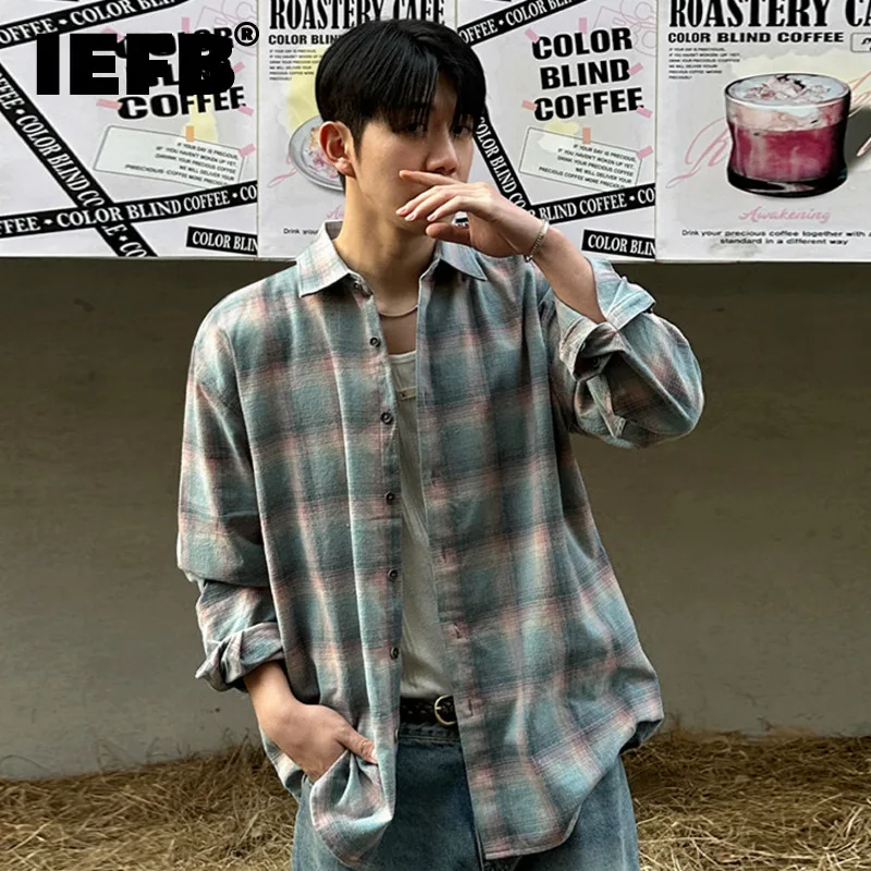 

IEFB New Fashion Men's Shirts Plaid Contrast Color Turn-down Collar Casual Clothing Single Breasted Long Sleeve Male Tops 9C6908