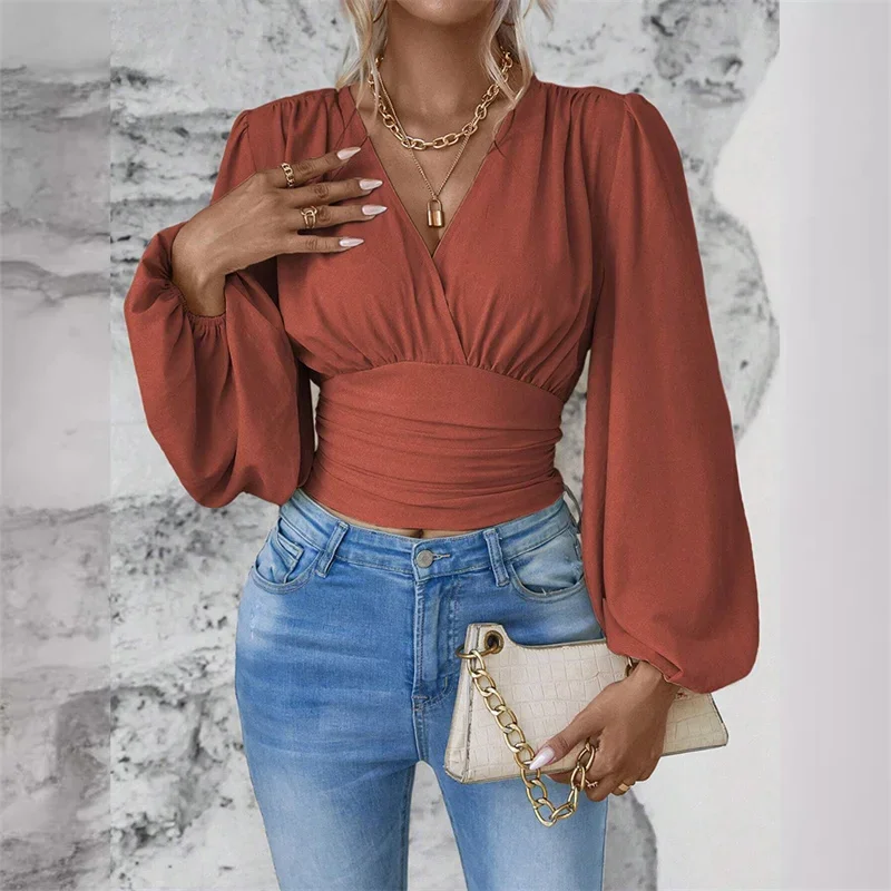 Spring Autumn Crossover Deep V Neck Pullover Shirt Women Skinny Waist Loose Long Sleeve Blouse Female Daily Commuter Casual Tops