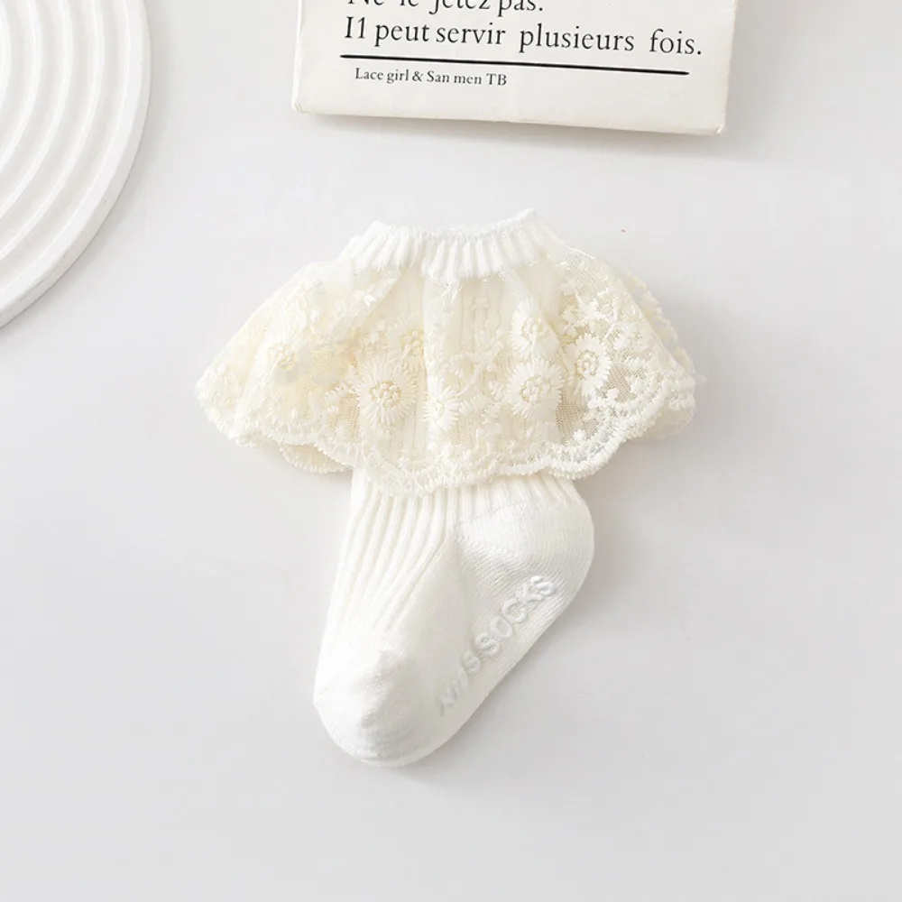 Combed Cotton Toddler Lace Trim Socks Non-Slip Breathable Baby Princess Socks Multi-Color Infant Ruffle Socks Baby Girls