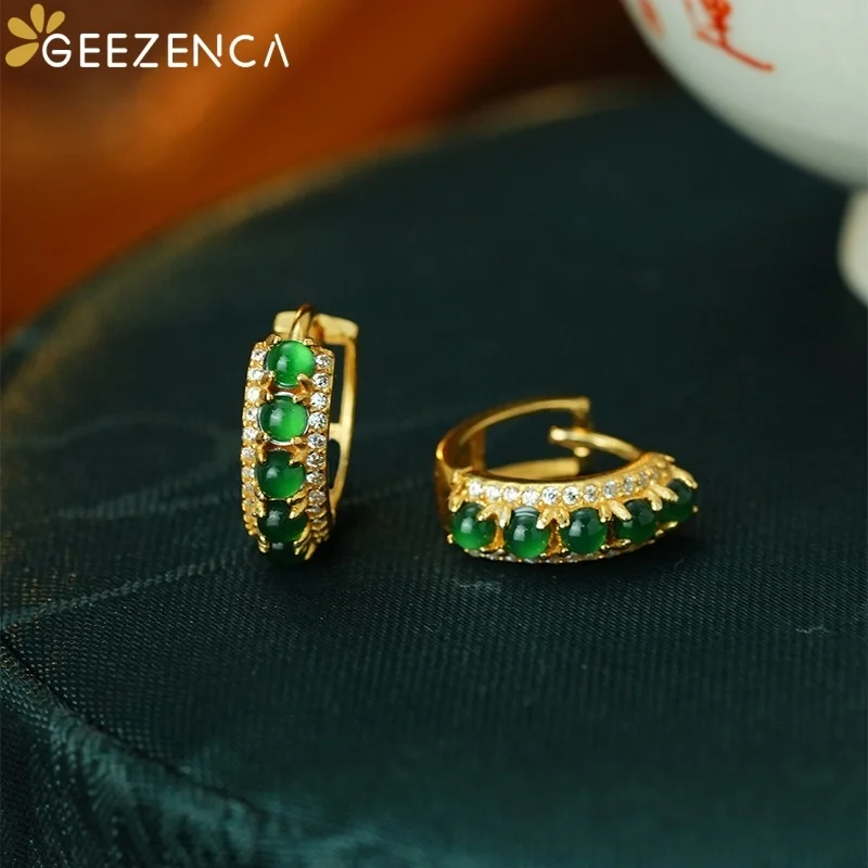 GEEZENCA Green Jadeite 925 Sterling Silver Jewelry Sets Hoop Earrings Open Ring For Women Cubic Zirconia Delicate Trendy Gift