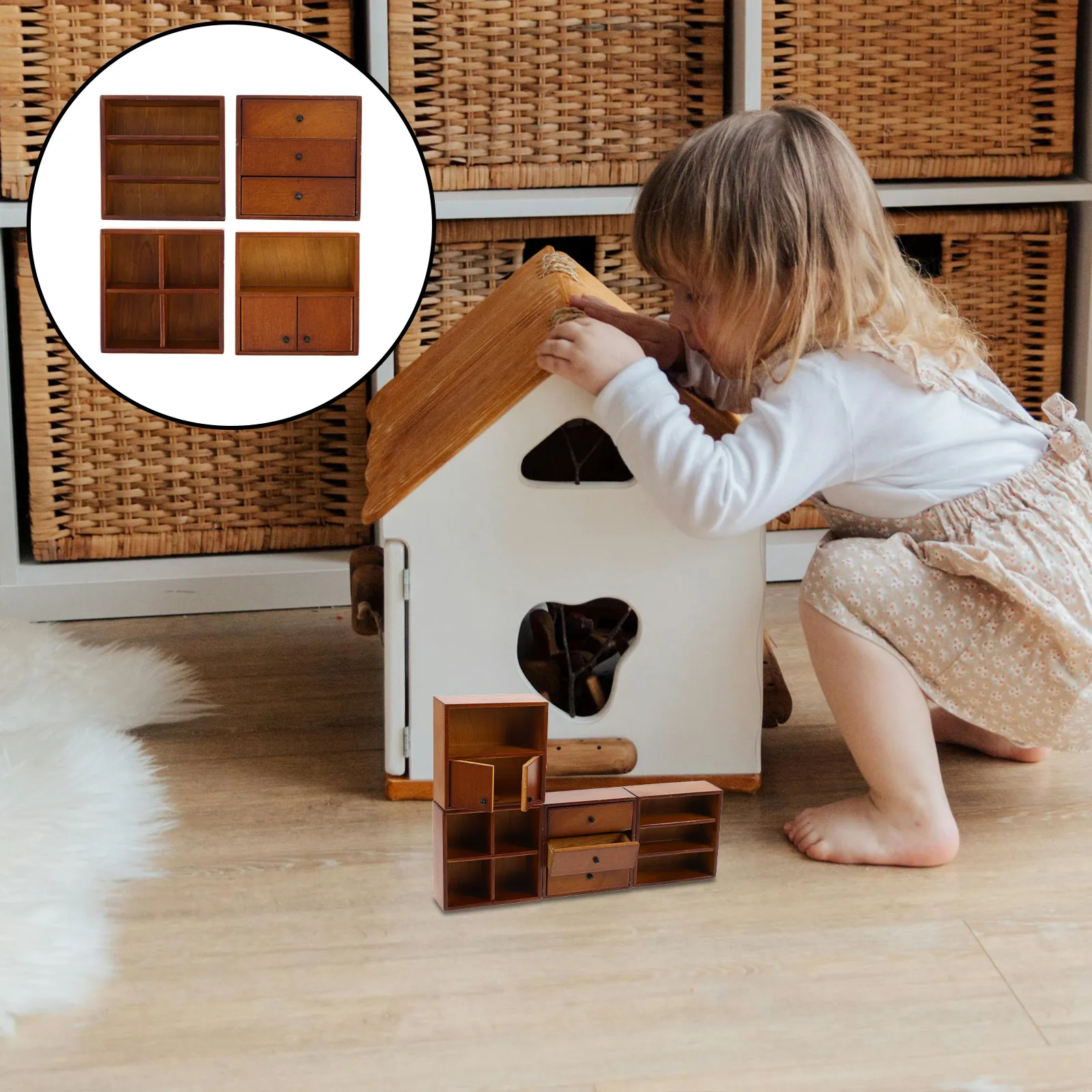 

Набор из 4 миниатюрных шкафов из орехового дерева, деревянная полка для кукольного домика, стеллаж для хранения, декор для микроландшафта