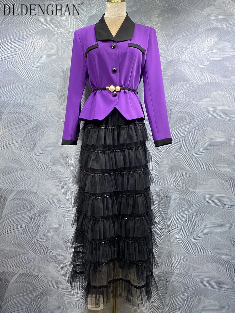 

DLDENGHAN женский однобортный топ с длинными рукавами, поясом и сетчатым торта, длинная юбка, комплект из 2 предметов, офисная женская мода, осень