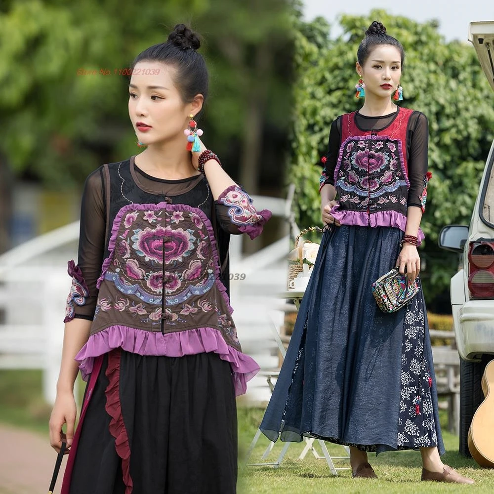 

2025 chinese vintage satin jacquard vest traditional flower embroidery o-neck folk vest hanfu tops ethnic sleeveless jacket