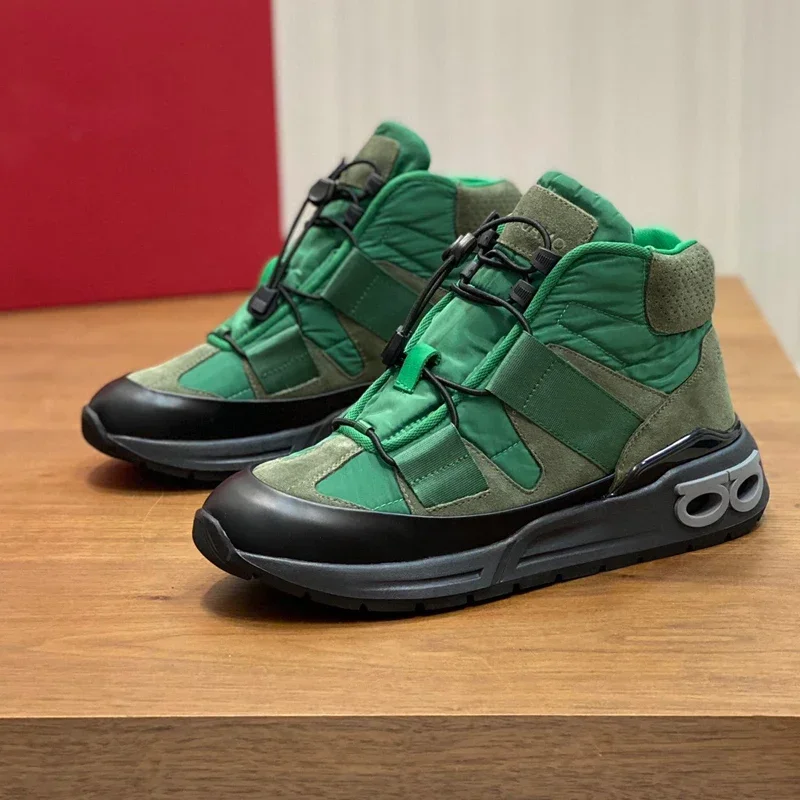 New Designer High-top Sneakers Green Paneled Calfskin Suede Nylon Taffeta Men's Outdoor Hiking Shoes