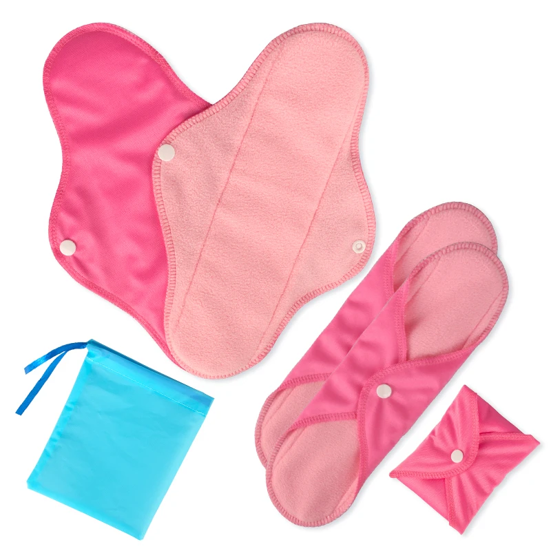 Pink Fleece Sanitary Pad Set 5pcs Cloth Menstrual Pads Reusable Washable Sanitary Pad Waterproof Solid PUL With 1 Storage Bag