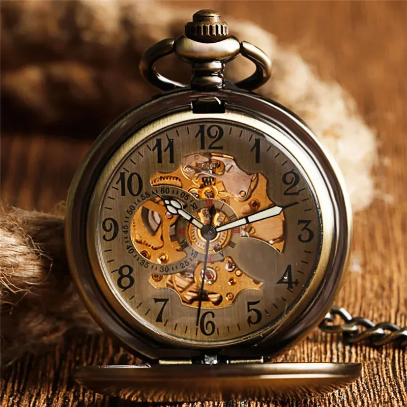 Antique Retro Skeleton Automatic Mechanical Pocket Watch for Men Women Arabic Numbers FOB Chain Luminous Hands Reloj De Bolso
