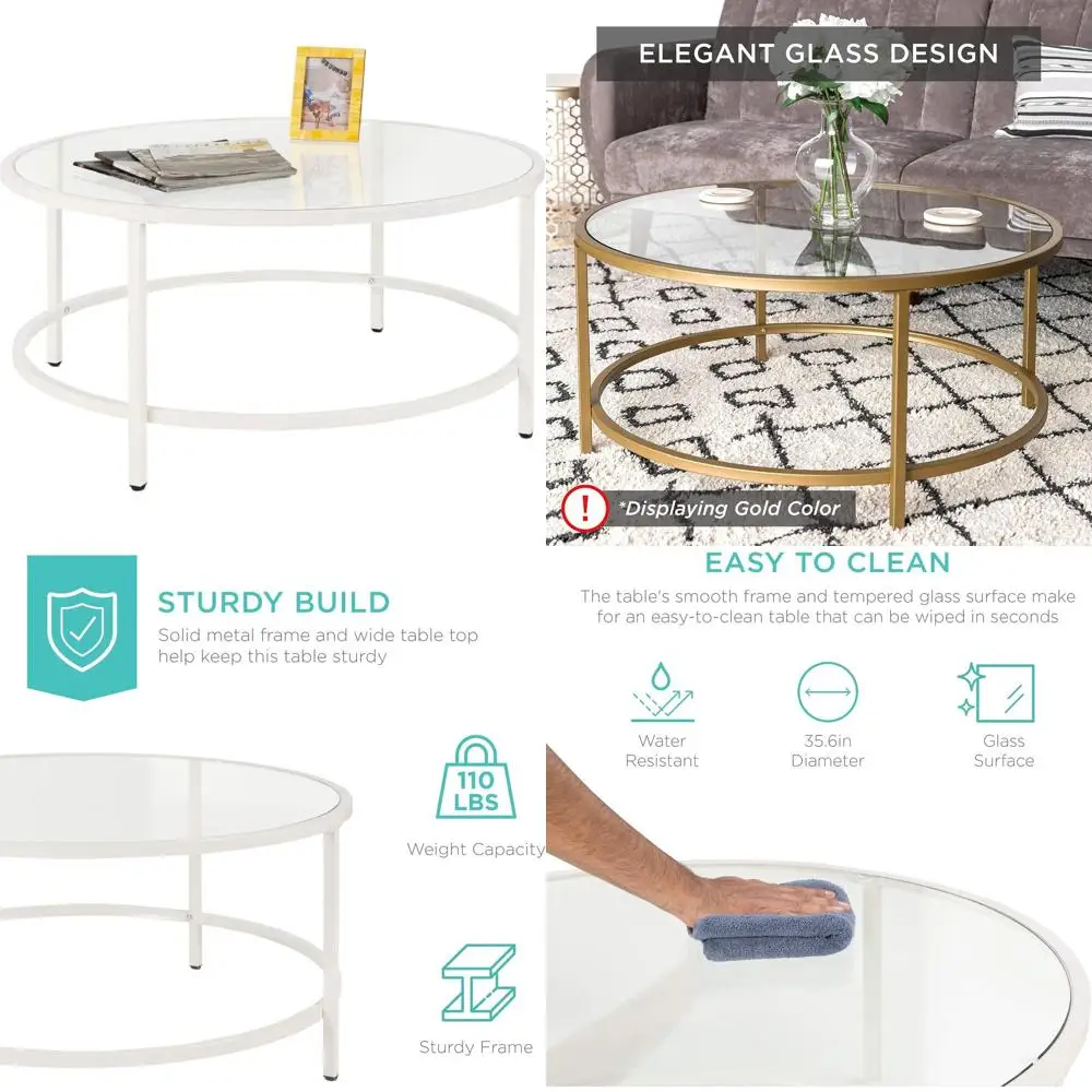 

Круглый приставной столик из закаленного стекла для гостиной, столовой и домашнего декора - белый, с металлическими краями и ножками, не оставляющими следов