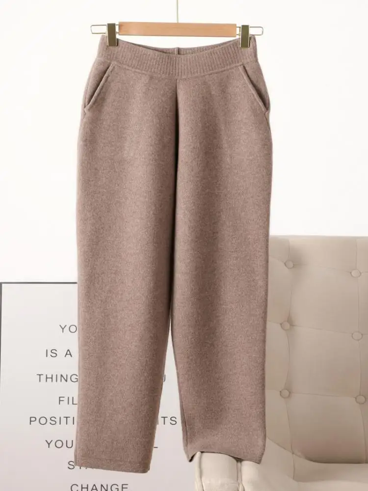 

Women 100% Merino Wool Pants Autumn Winter Thick Warm Soft Comfortable Pencil Pants New Fashion Elastic Waist Knitted Trousers