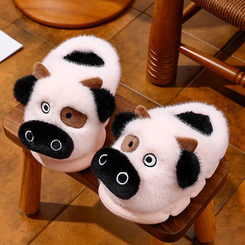 الفتيات شتاء جديد دافئ فروي لطيف البقرة تصميم الاطفال إيفا النعال سميكة وحيد عدم الانزلاق الوالدين الطفل أحذية قطنية للاستخدام المنزلي #4