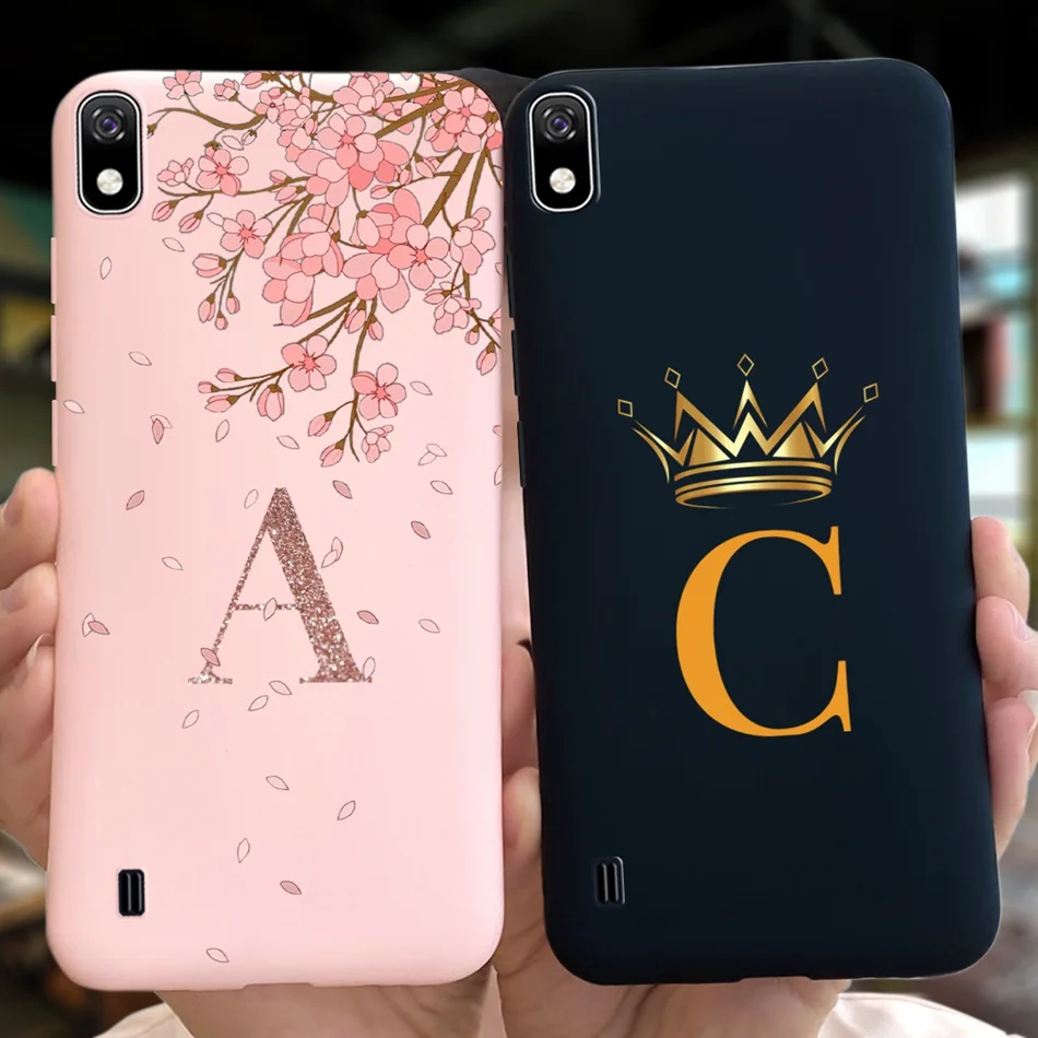 Fashion Crown Initial Letter Case For Samsung Galaxy A10 A10S A105F A107F Pink Flower Soft Silicone Cover For Samsung A10 2019