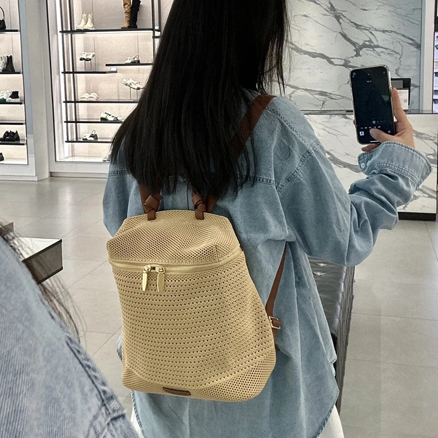 Women's 2026 New Summer High-end Woven Backpack Large Capacity Lightweight Portable Backpack Casual Hollow Out Zip Shoulder Bags