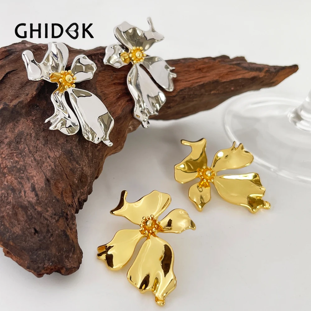 Ghidbk Gold Silver Plated Big Flower Stud Earrings Women Statement Shinning Artsy Floral Earring Jewellery Factory Wholesale