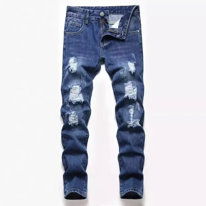 

Hole Jeans Boy denim pants Children Straight Pants Ripped Distressed Washed Mid Waist Pockets Trousers Big Kids Streetwear 2026