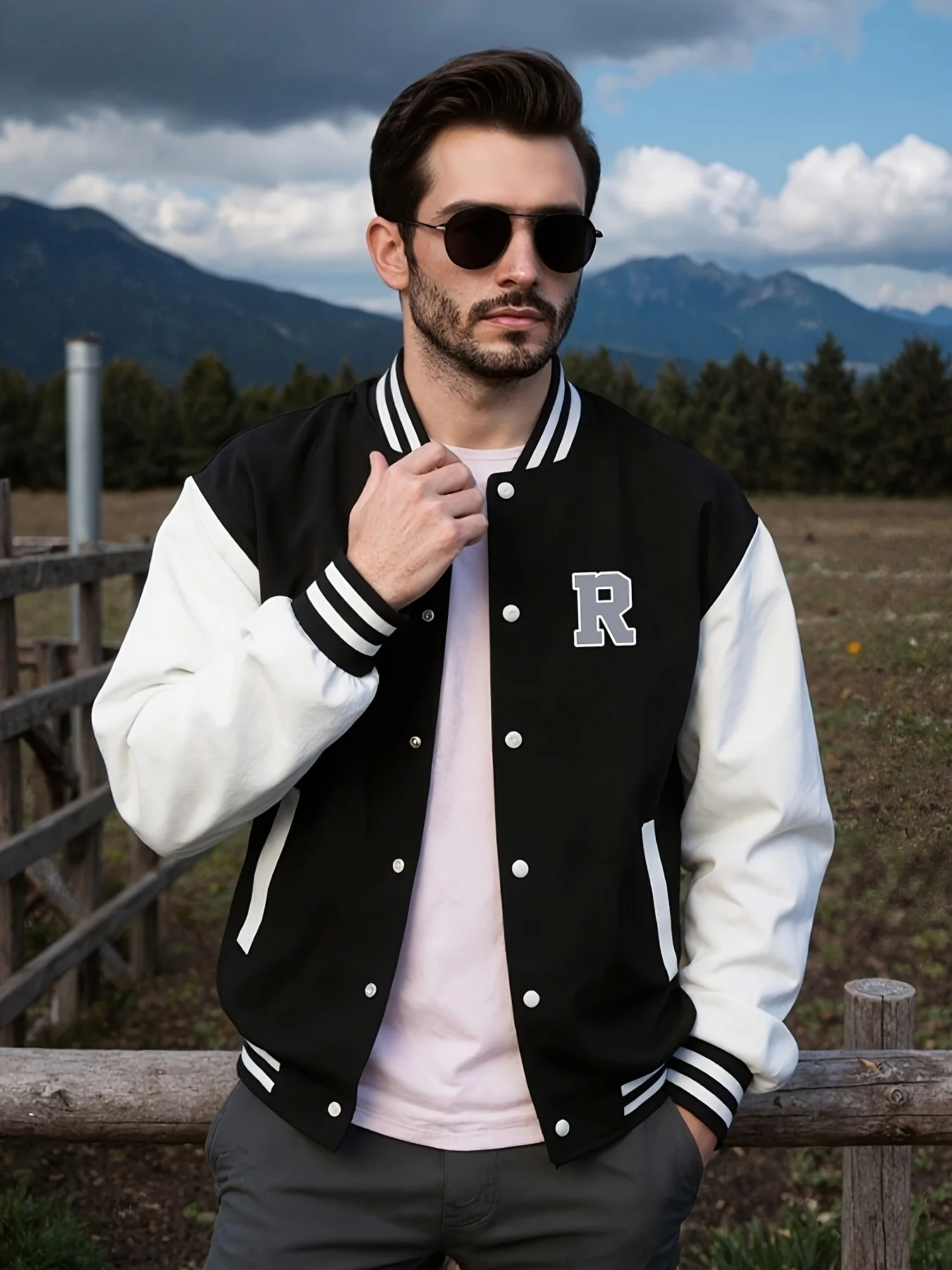 Men's casual baseball jacket, men's cool jacket, jacket pocket design, printed pattern