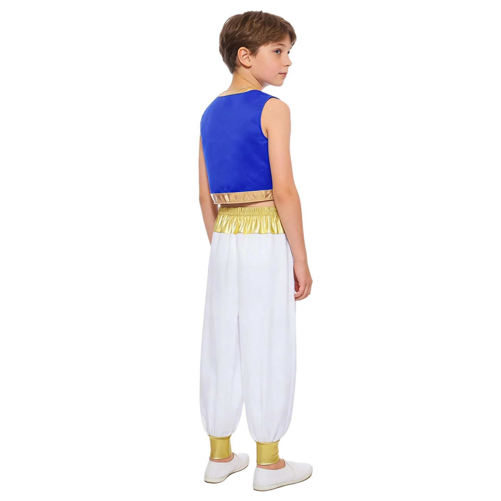 Costume de prince arabe pour garçons, gilet à ouverture sur le devant avec garnitures dorées et pantalon Harem, ensemble de déguisement de personnage de conte de fées pour Halloween