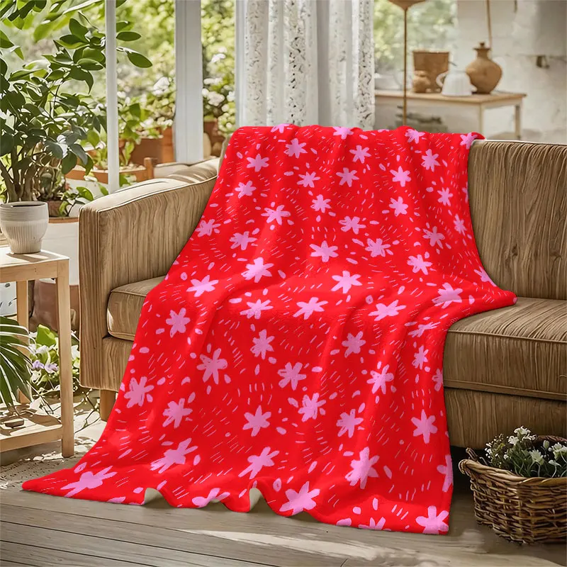Bold Red Star Blooms Flannel Blanket Warm Soft Halloween Christmas Decorative Couch Warm Cozy All-Season Gift