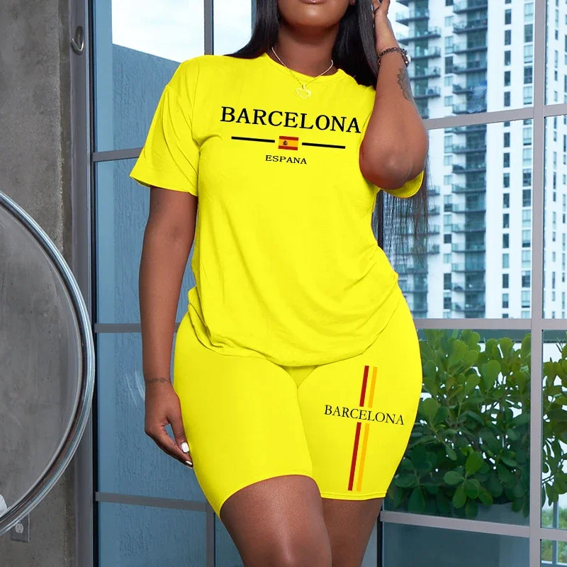 

Summer Ladies Fashion Daily Casual Sports Outfits 2026 Brand New Tracksuit 2pcs Set Round Neck T-shirt Tight Shorts