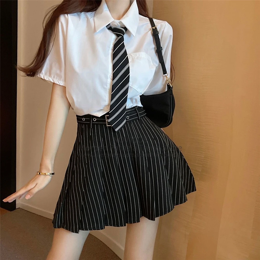 Japan Korean Student JK School Uniform Summer Cool Uniform Daily Two-piece Set Girls Black Stripped Skirt Belt Tie White Shirt