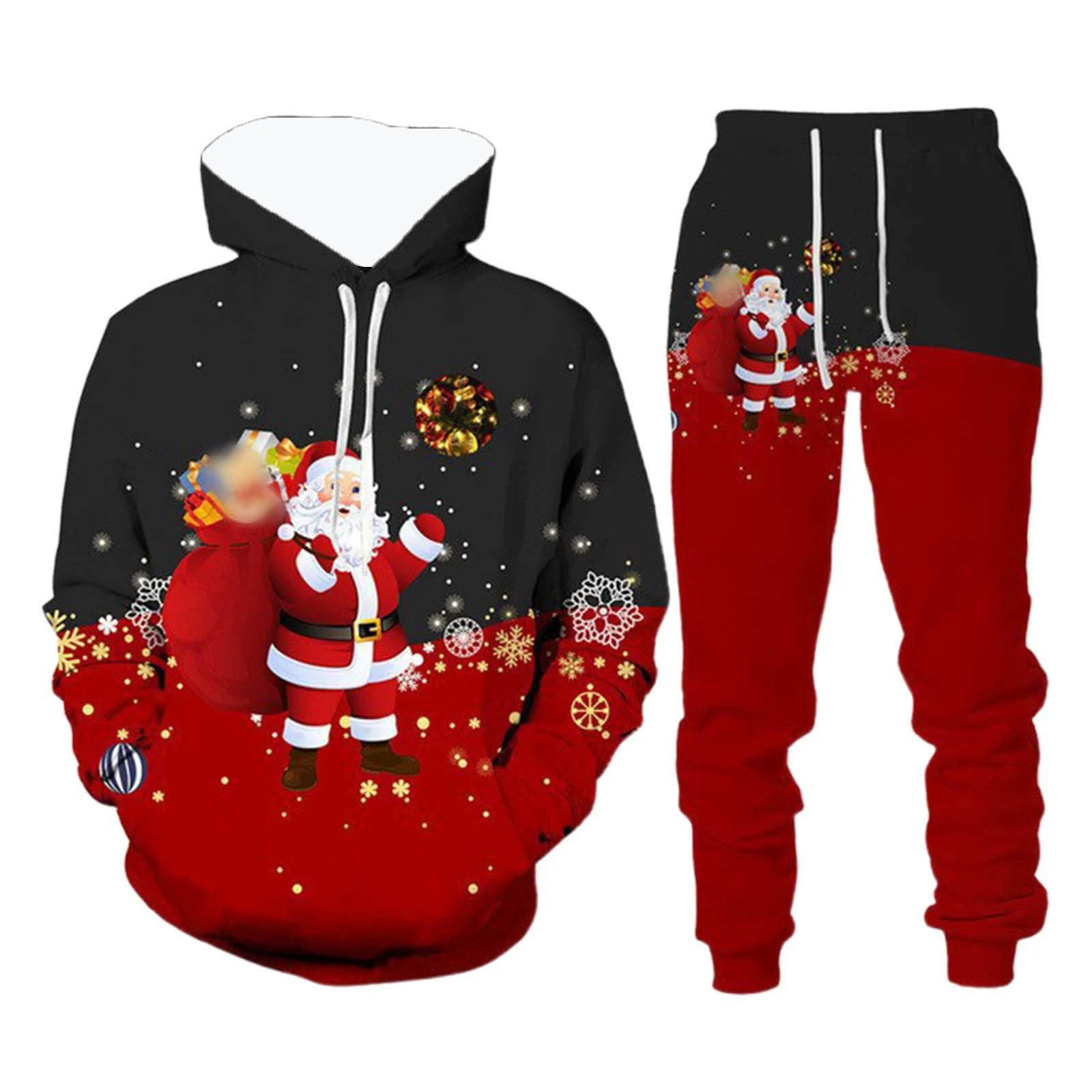 

Рождественский комплект с капюшоном и брюками с 3D принтом Санта-Клауса для мужчин и женщин, большой повседневный спортивный костюм для новогодней праздничной вечеринки