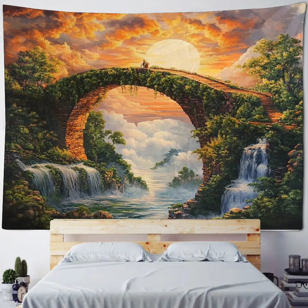 Bridge, cave, flowing water scenery, famous paintings, decorative tapestries, home backgrounds, wall decorations