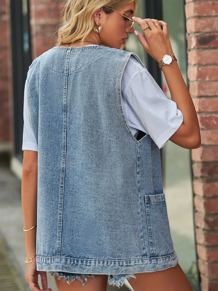 Benuynffy Vintage Big V Neck Denim Vest Women Spring Summer Washed Casual Pockets Sleeveless Jeans Jackets Female Loose Outwear