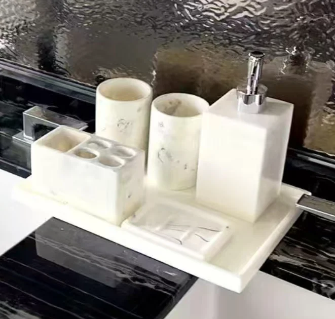 Black Marble Pattern Bathroom Accessories Set Toothpaste Dispenser Resin Toothbrush Holder Lotion Bottle Tray Cotton Swab Box