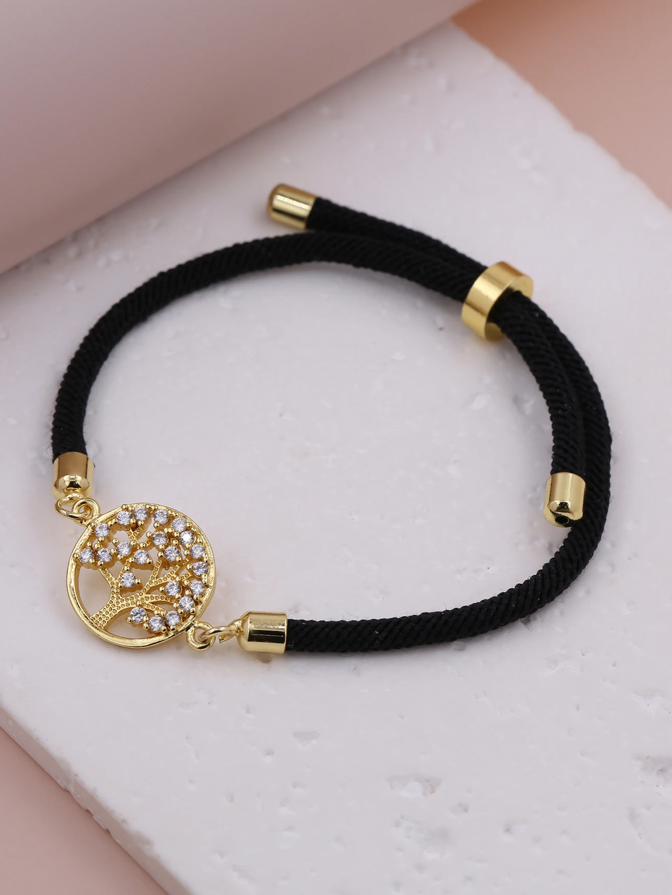 Pink Black Red Bracelet Sweet Cute White Zircon Plated Gold Copper Round Life Tree Adjustable Push Pull Bracelet Jewelry
