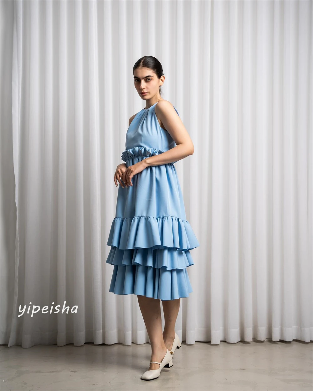 Customized High Quality  Evening Jersey Draped Tiered Ruched  A-line O-Neck Bespoke Occasion Gown Knee Length Dresses