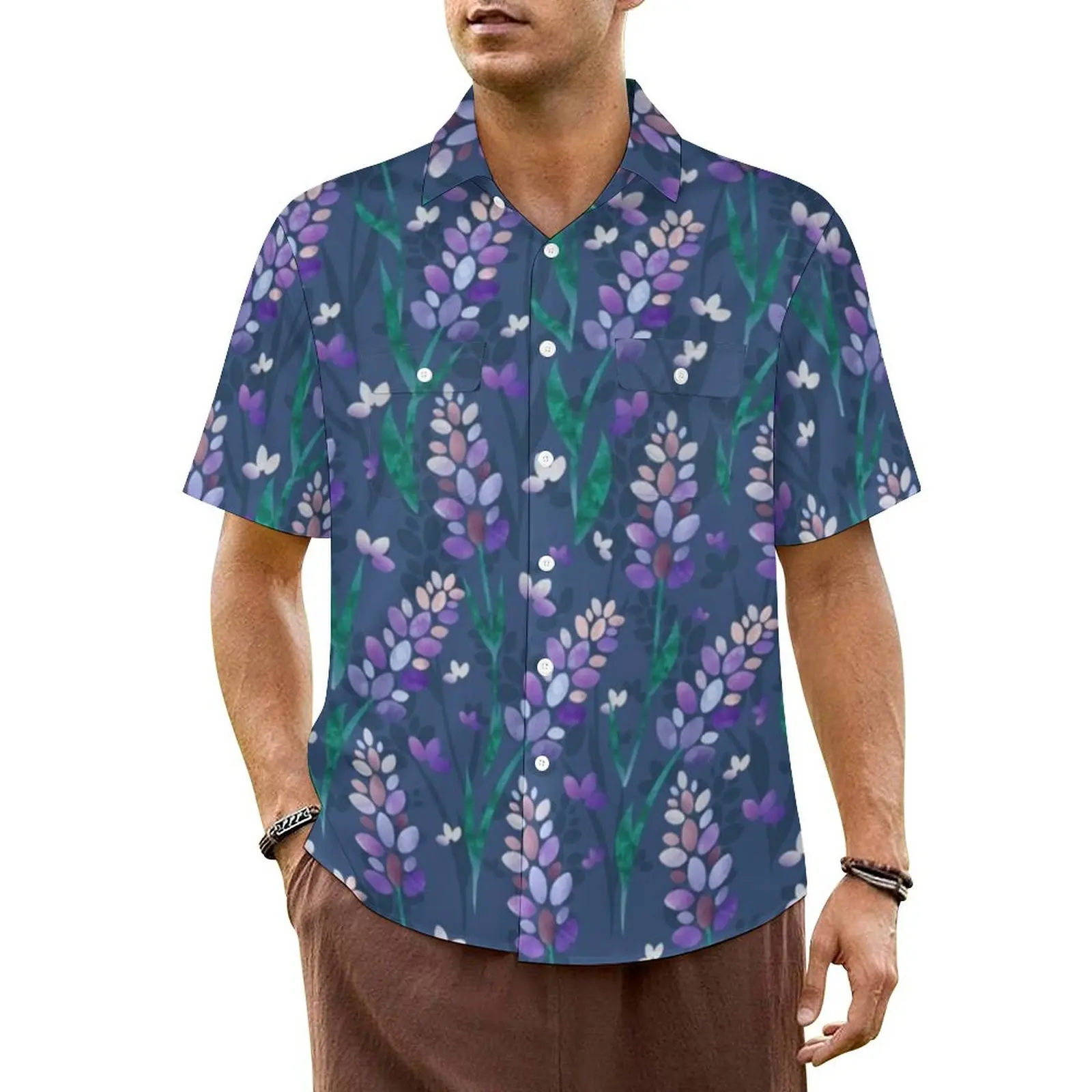 

Hawaii Shirt Beach Lavender Fields Blouses Purple Floral Print Retro Casual Shirts Male Short Sleeve Fashion Plus Size Clothes