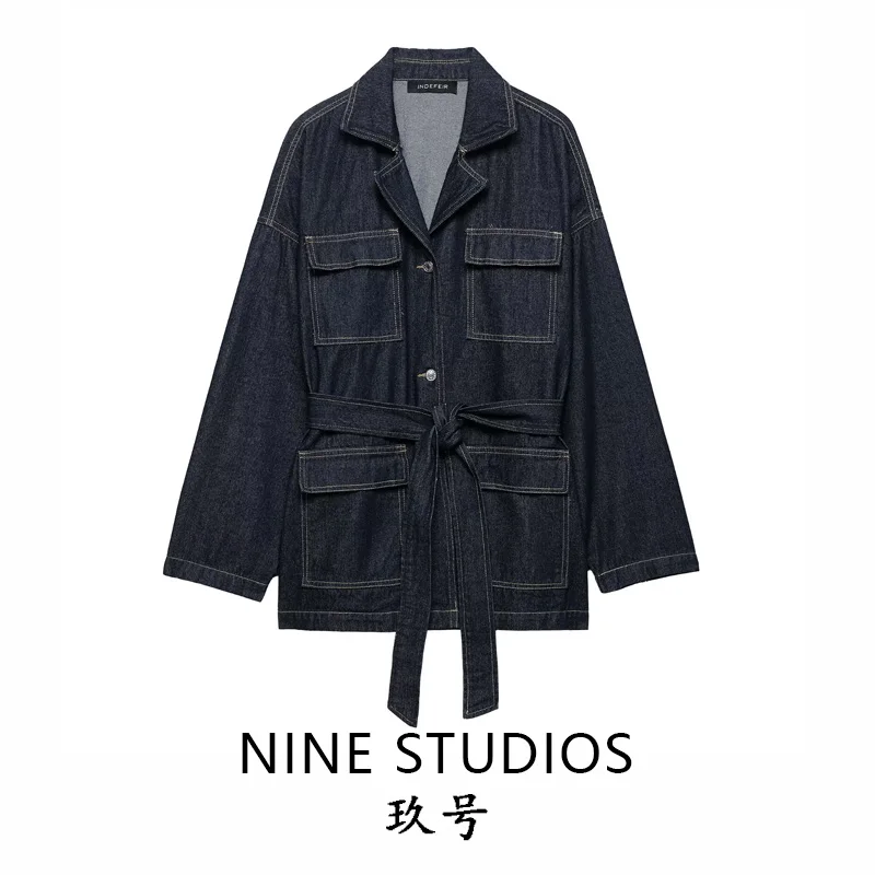 

Loose Fit Casual Denim Jaet with Belted Waist And Workwear Sle Turn-down Collar Long Sve Mid-Length Single Piece