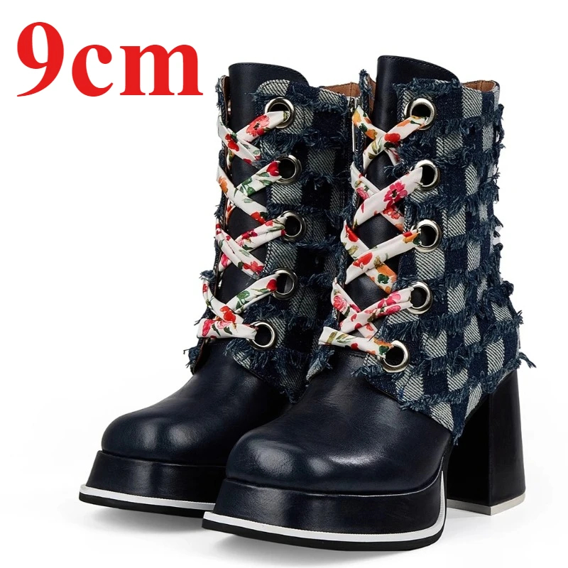 

Street Thick Soled High-heeled Boots Shoes for Women's Leather Fabric Stitching Height Increasing Shoes Fashionable Short Boots