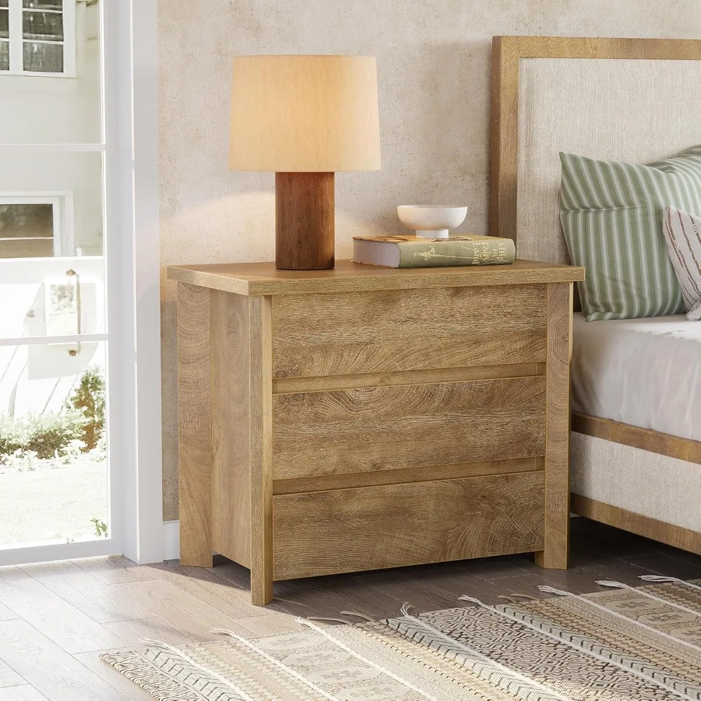 

3-Drawer Nightstand, Wooden Farmhouse Bedside Table for Bedroom, Large Wide Nightstand with Drawers, Oak