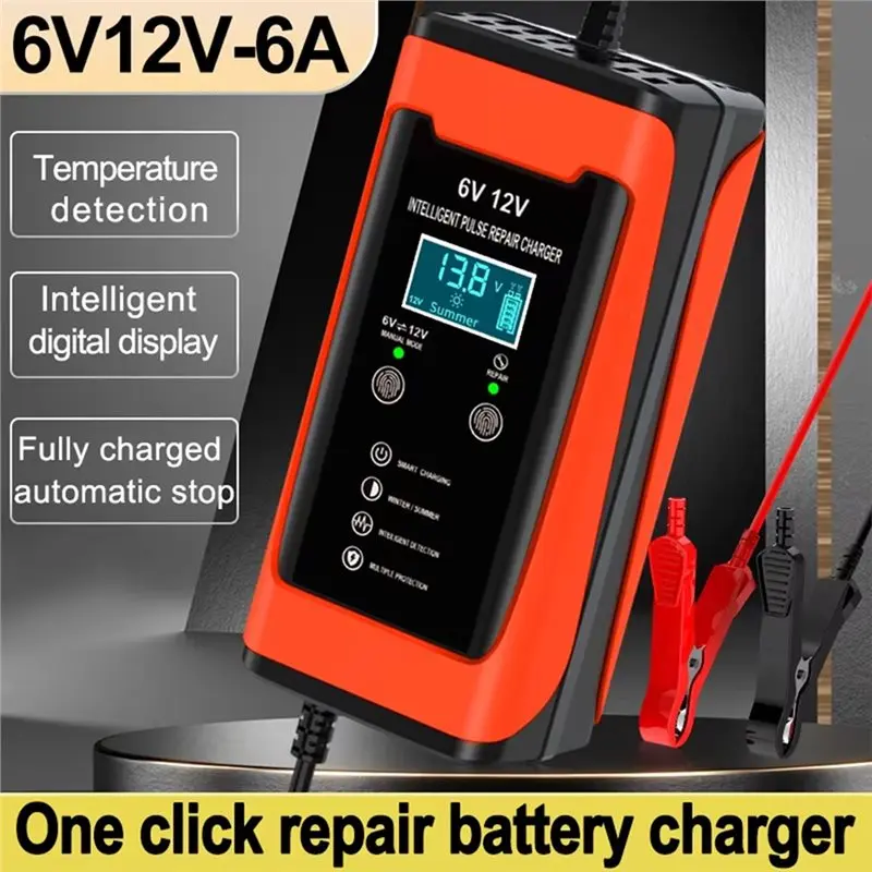 Auto Car Battery Charger 6V 12V 6A Smart Fast Charge For Motorcycle Cycle GEL Lead-Acid Charger Pulse Repair LCD Display EU Plug