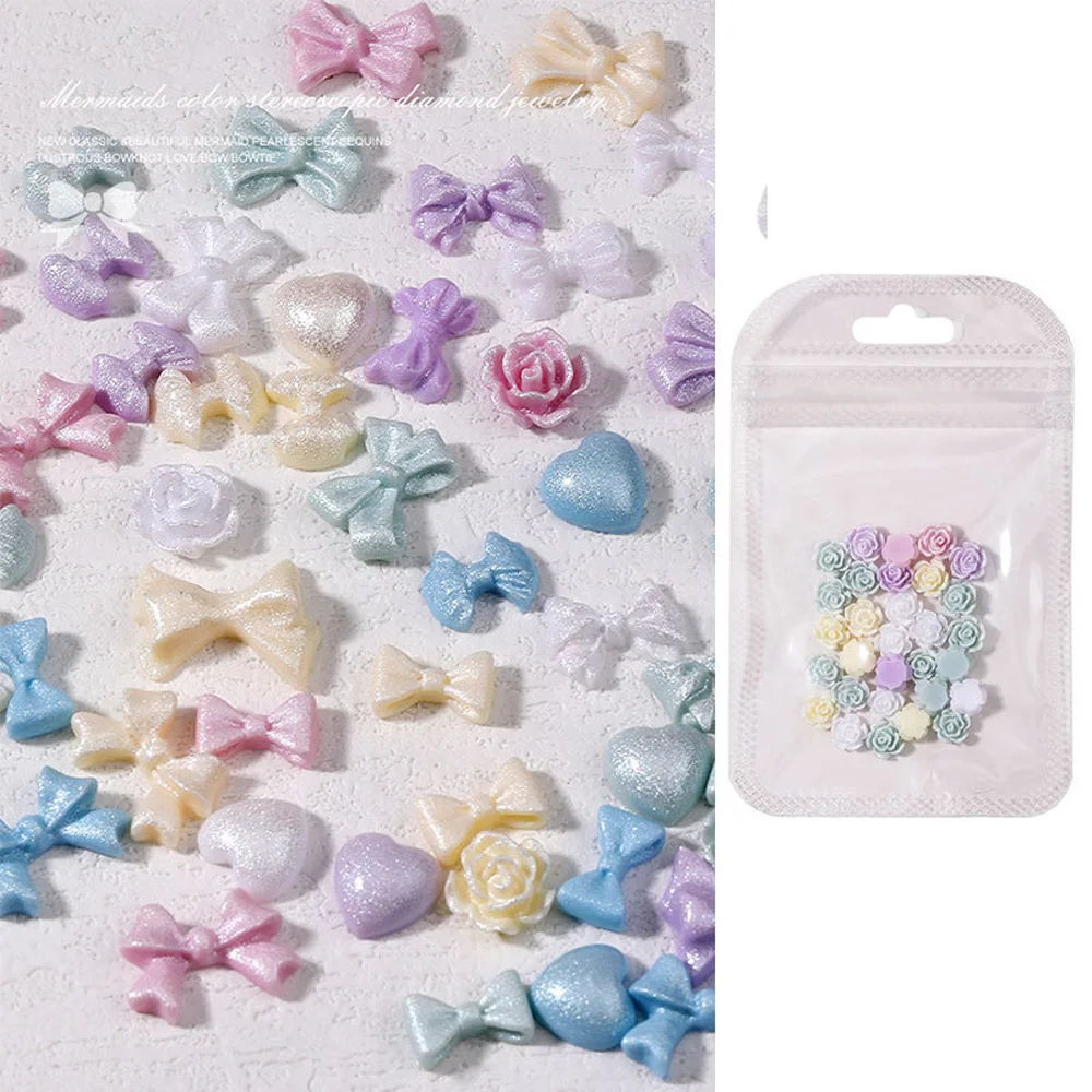 50pcs/pack Mixed Color Nail Resin Charm for Mermaid Mixed Gliiter Highlight  Heart Bowknot Butterfly Nail Jewelry Accessories
