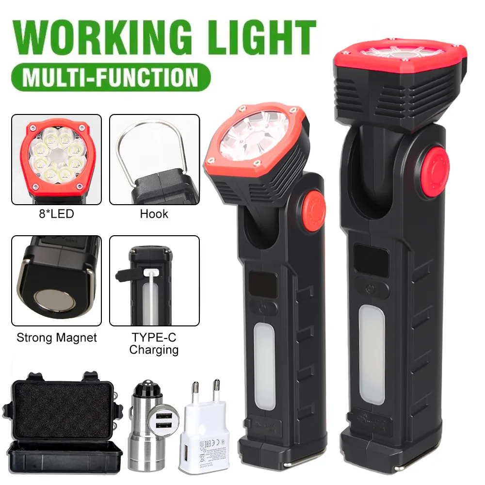 Linterna LED COB portátil, luz de trabajo recargable, lámpara colgante magnética con batería integrada de 1800mah, antorcha de Camping