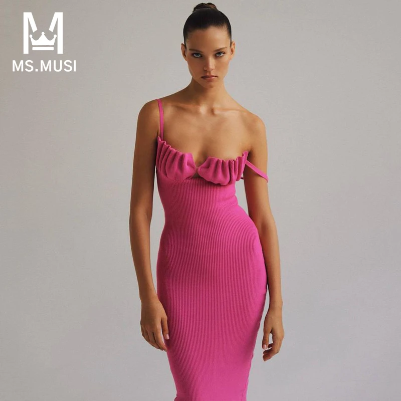 

MSMUSI 2024 New Fashion Women Sexy Strap Shell Corset Sleeveless Backless Bandage Bodycon Party Club Event Slit Slim Midi Dress