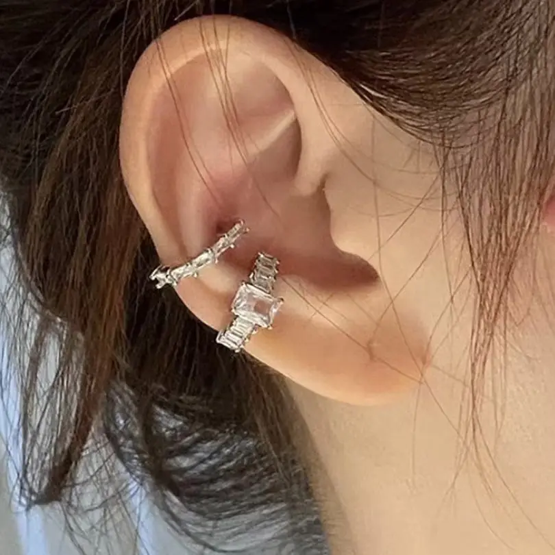 1Pc Shiny Cubic Zirconia Irregular Square Ear Clip Earring For Women Silver Color Fashion No Piercing Ear Cuff Party Jewelry
